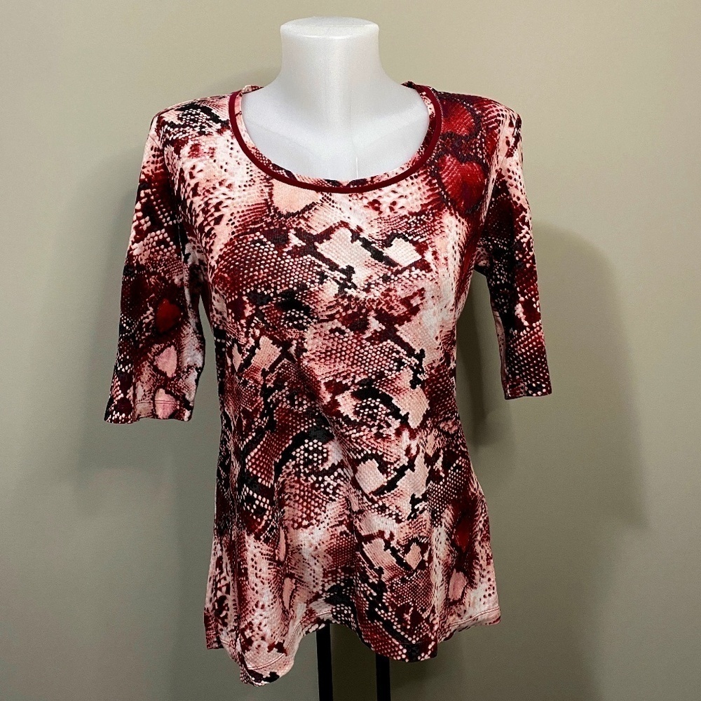 Olsen Red Snakeskin Print 1/2 Sleeve Women's Round Neck Top Size 8 Y2K Festival